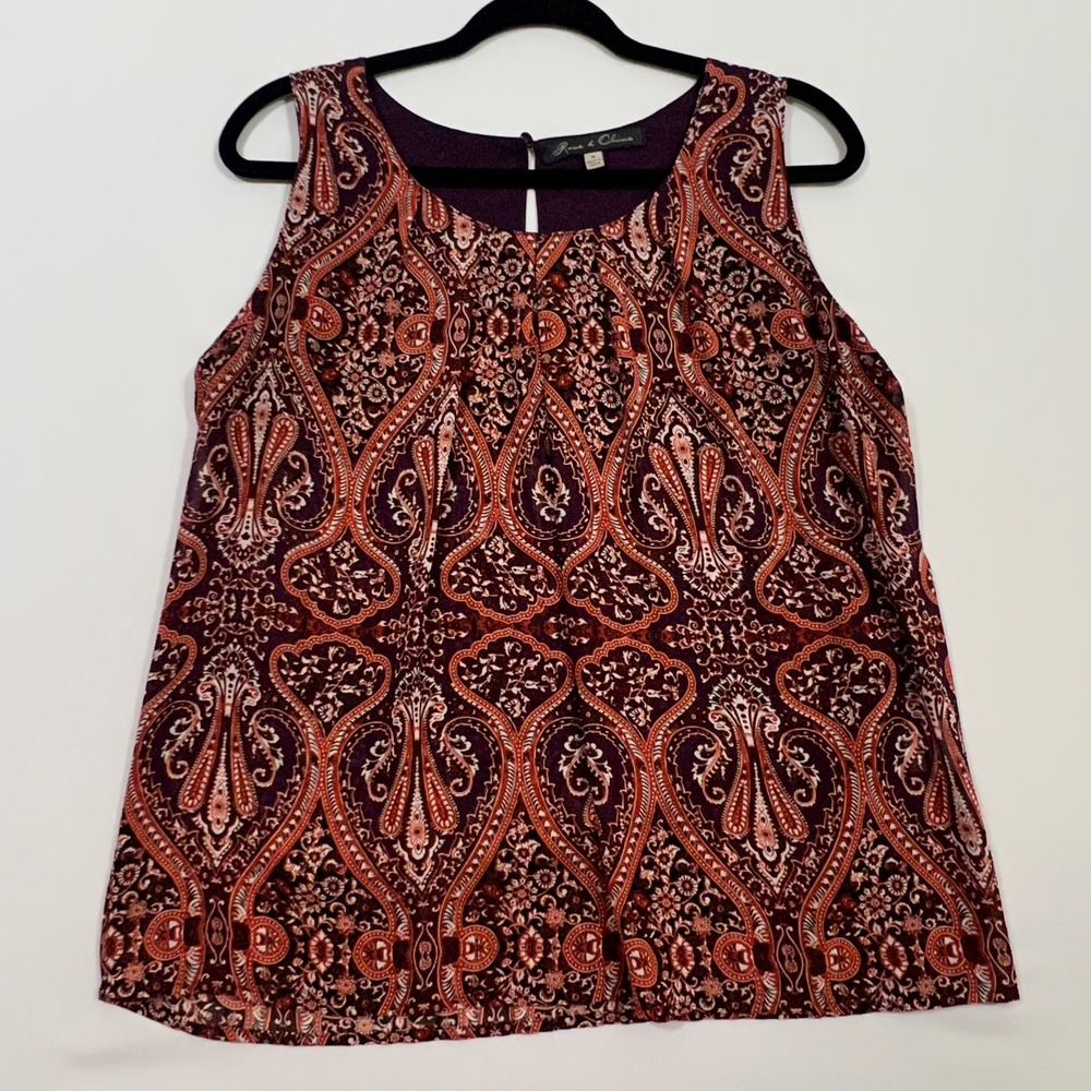 Rose & Olive Tank Top Medium Purple Orange Paisley Sleeveless‎ Lined Blouse Cami
